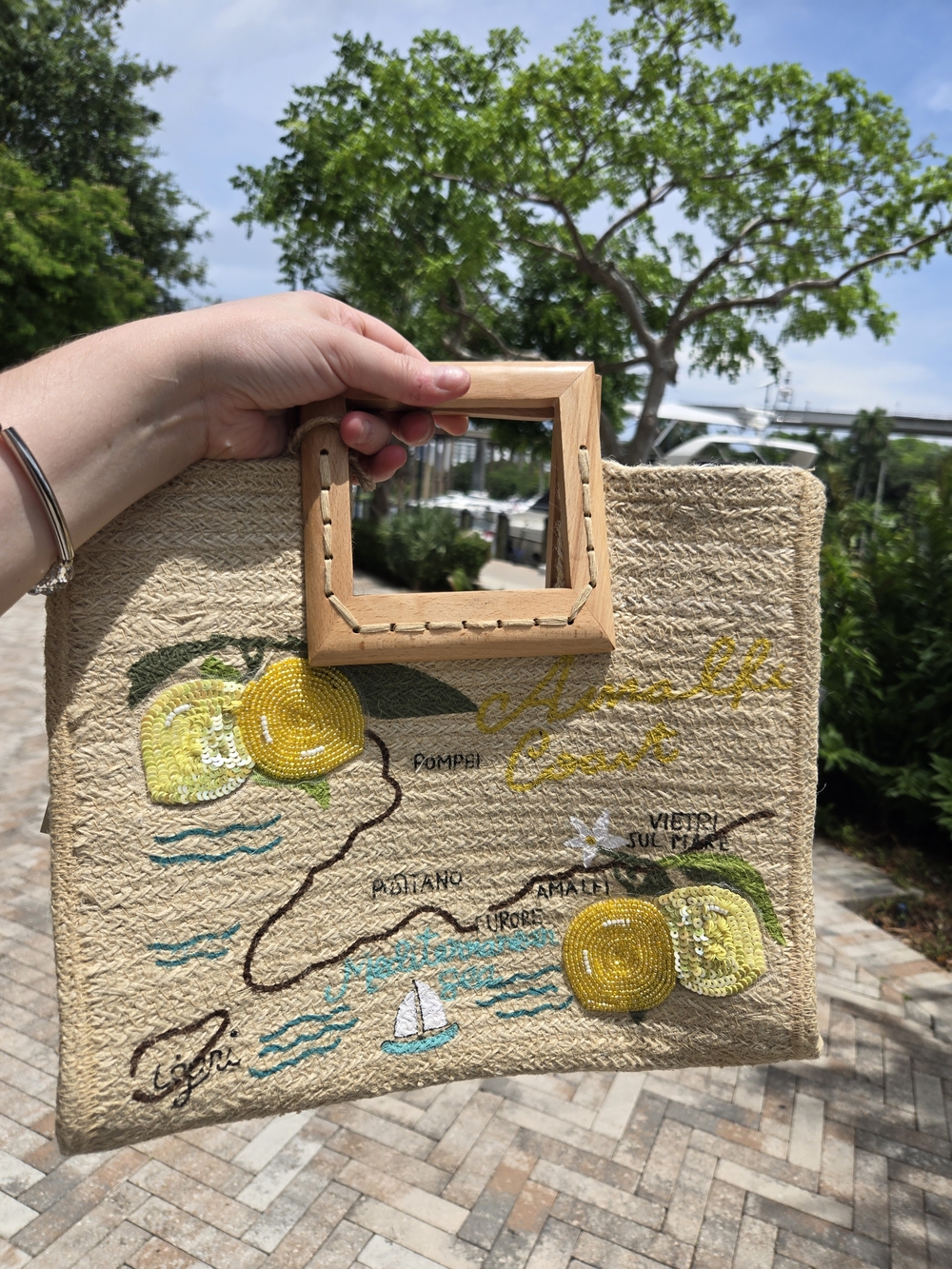 Anthropologie Amalfi Coast Italy Lemon Jute Tote- Beads, Sequins, Wooden Handles